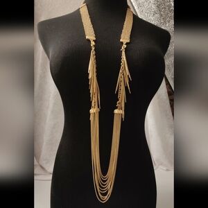 CAbi Riviera Statement Fringe Necklace Convertible Belt + Bracelets Gold Tone